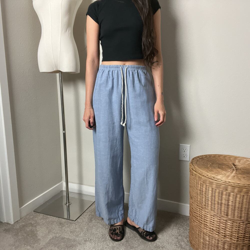 uniqlo blue linen cotton wide straight leg high waisted relaxed drawstring pants